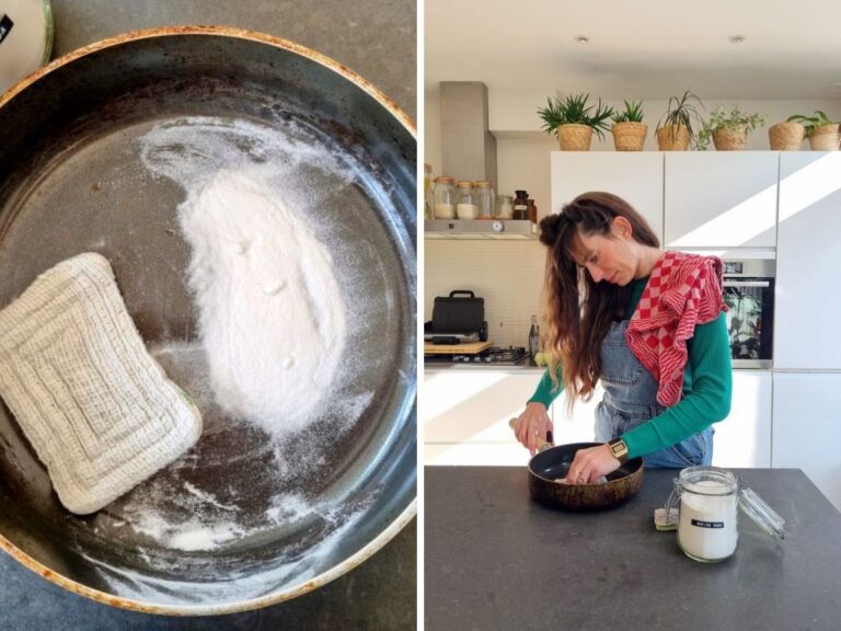 Aangekoekte pannen schoonmaken met baking soda.