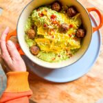 Vegan pasta pesto with ravioli.