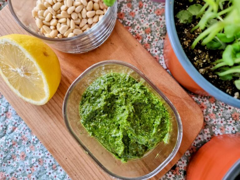 Vegan pesto recept klaargemaakt met verse basilicum, pijnboompitten en citroen.