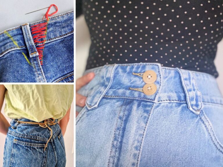 Drie manieren om een wijde broek in te nemen: innemen, met een extra knoop en met een veter.