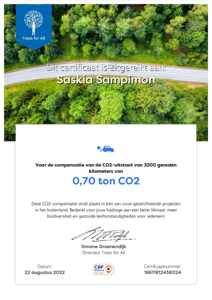 Certificaat donatie Trees for All vakantie Spanje compenseren.