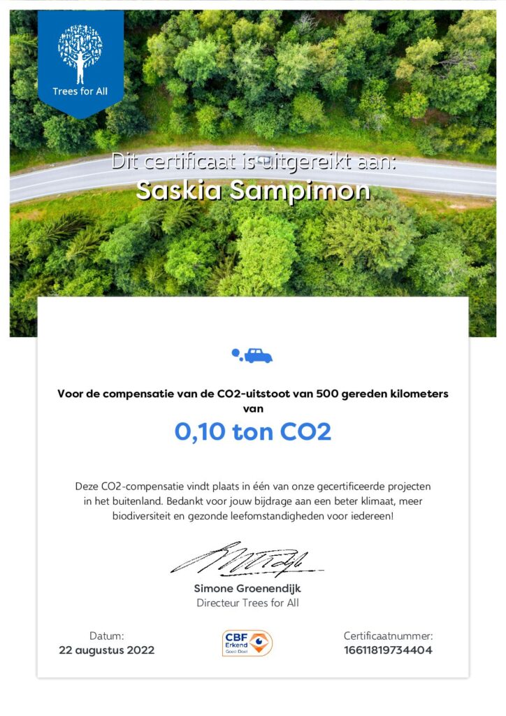 Certificaat donatie Trees for All.