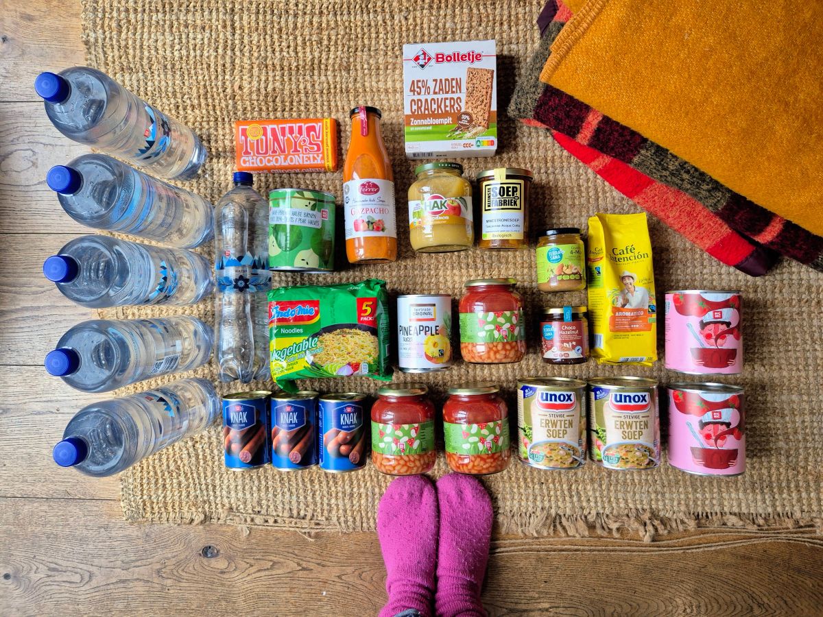 Water bottles in emergency kit.